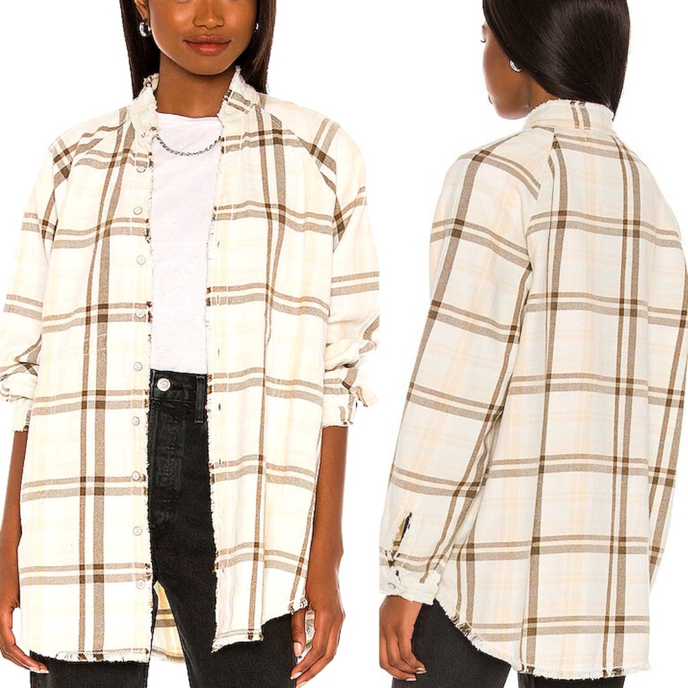 Free People Cream and Brown Plaid Button-Down Shirt